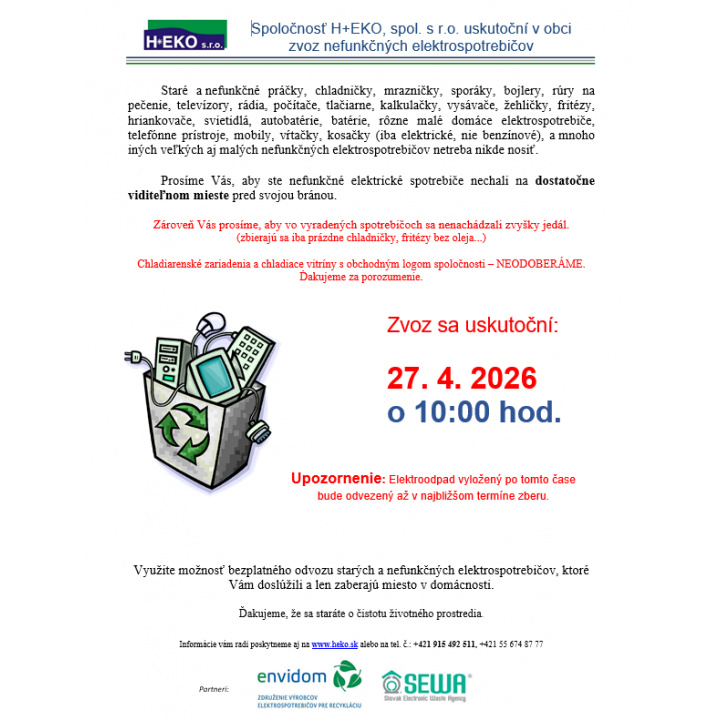 H+EKO- zvoz nefunkčných elektrospotrebičov